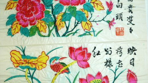 楊家埠 春　夏　、四季花鳥図之一、二 牡丹 蓮花 蓮葉 木蓮 鴛鴦 オシドリ 翡翠 カワセミ 白頭翁 ヒヨドリ.jpg